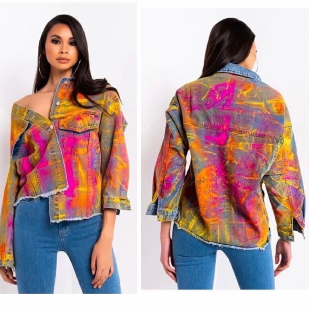 Beulah Splattered Paint Pollock Painted Oversized Distressed Denim Jean Jacket - Picture 3 of 16